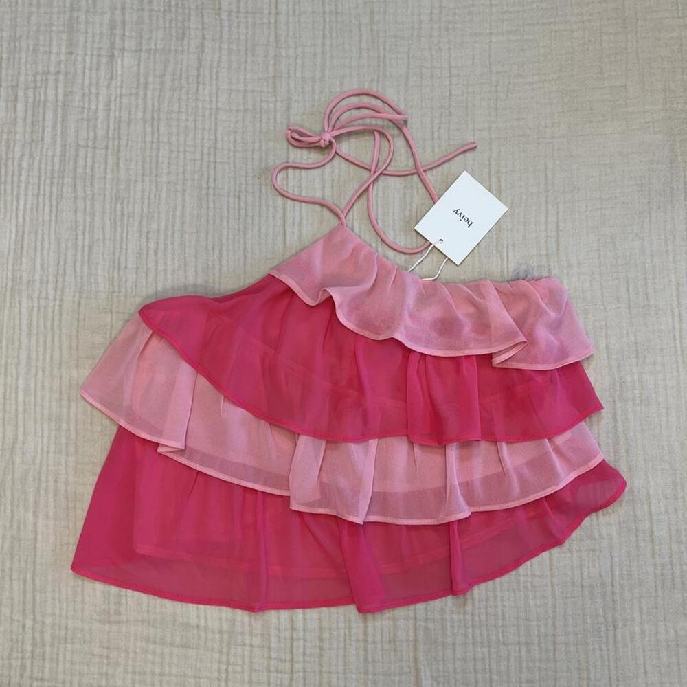 Beivy asymmetric pink tiered ruffle halter top